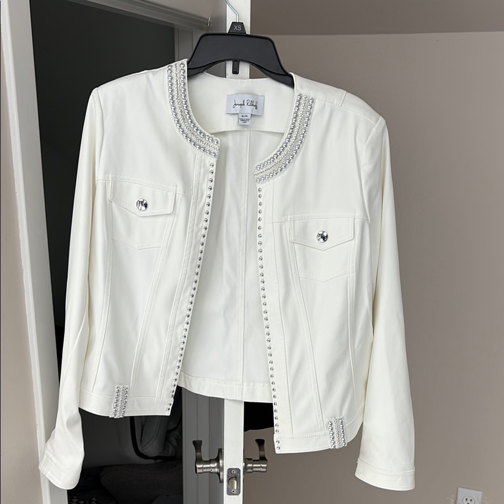 Joseph Ribkoff White Embellished Collar Open Front Jacket